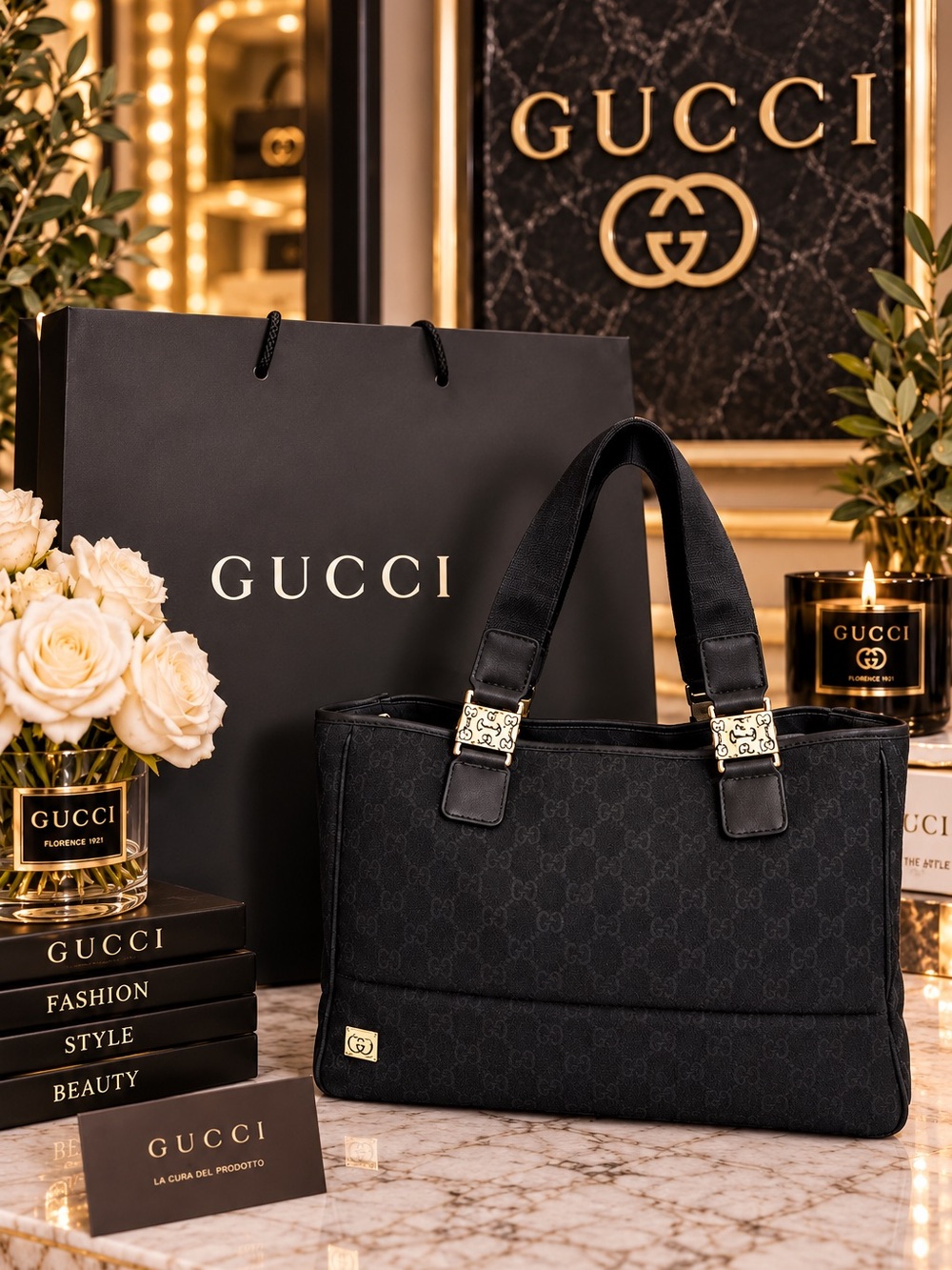 Gucci GG Canvas Pop Tote Bag w COA & Shopping Bag Mono & Gold Horse Bit 🖤